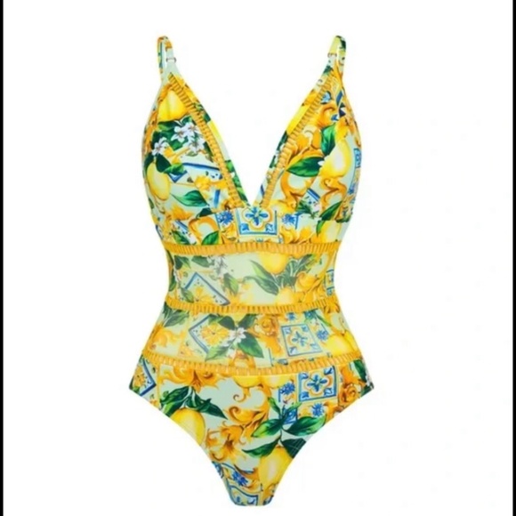 FLAXMAKER Lemons & Tiles Bathing / Swimsuit One Piece w/ Sarong Wrap Sz S / M - Picture 3 of 7